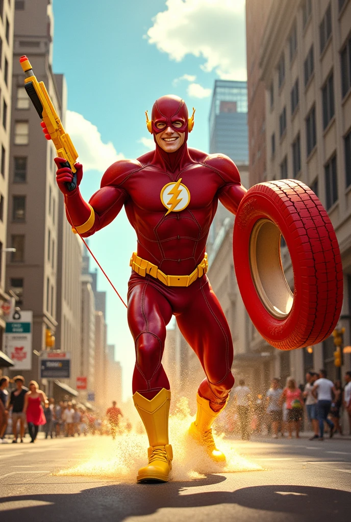 Flash with a squirt gun in one hand and a tire in the other

