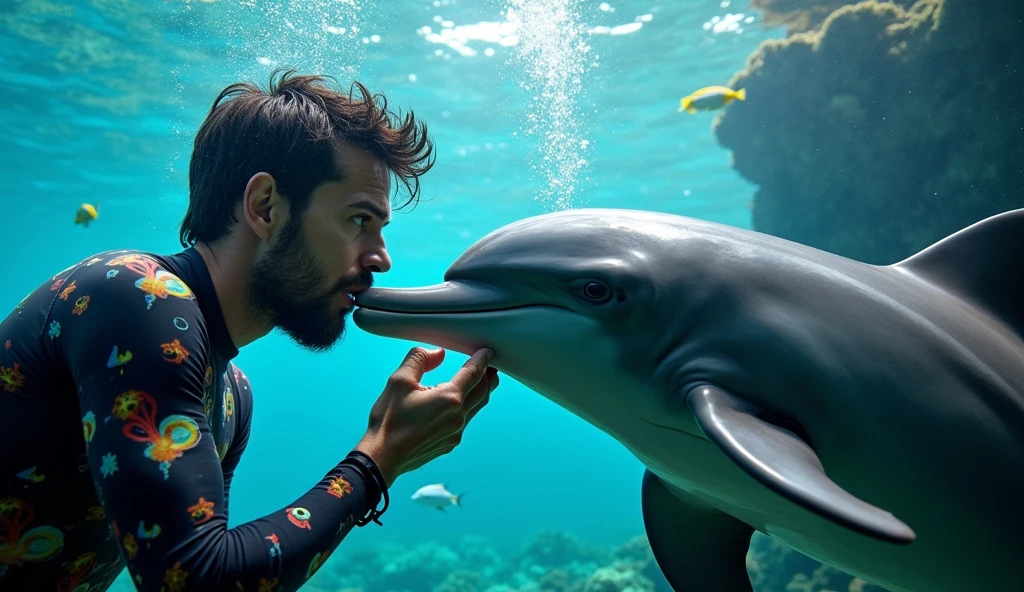 A man is trying to force open a dolphin&#39;s mouth、Location: Pool、high resolution、Man is wearing scuba diving clothes、Humans are women、There is only one human being、Horror