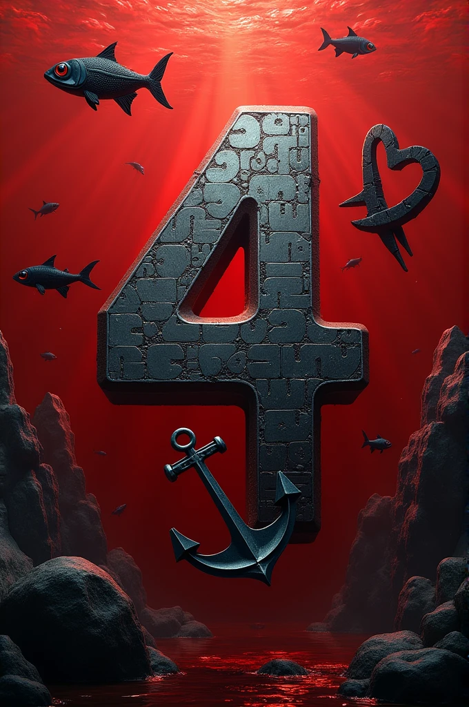 Number 4, alien lettering, made of steal, fish,.old paper, inside a red ocean, with electricity, black fish, witch eyes, no rocks, no vegetation, an anchor with shape of a heart