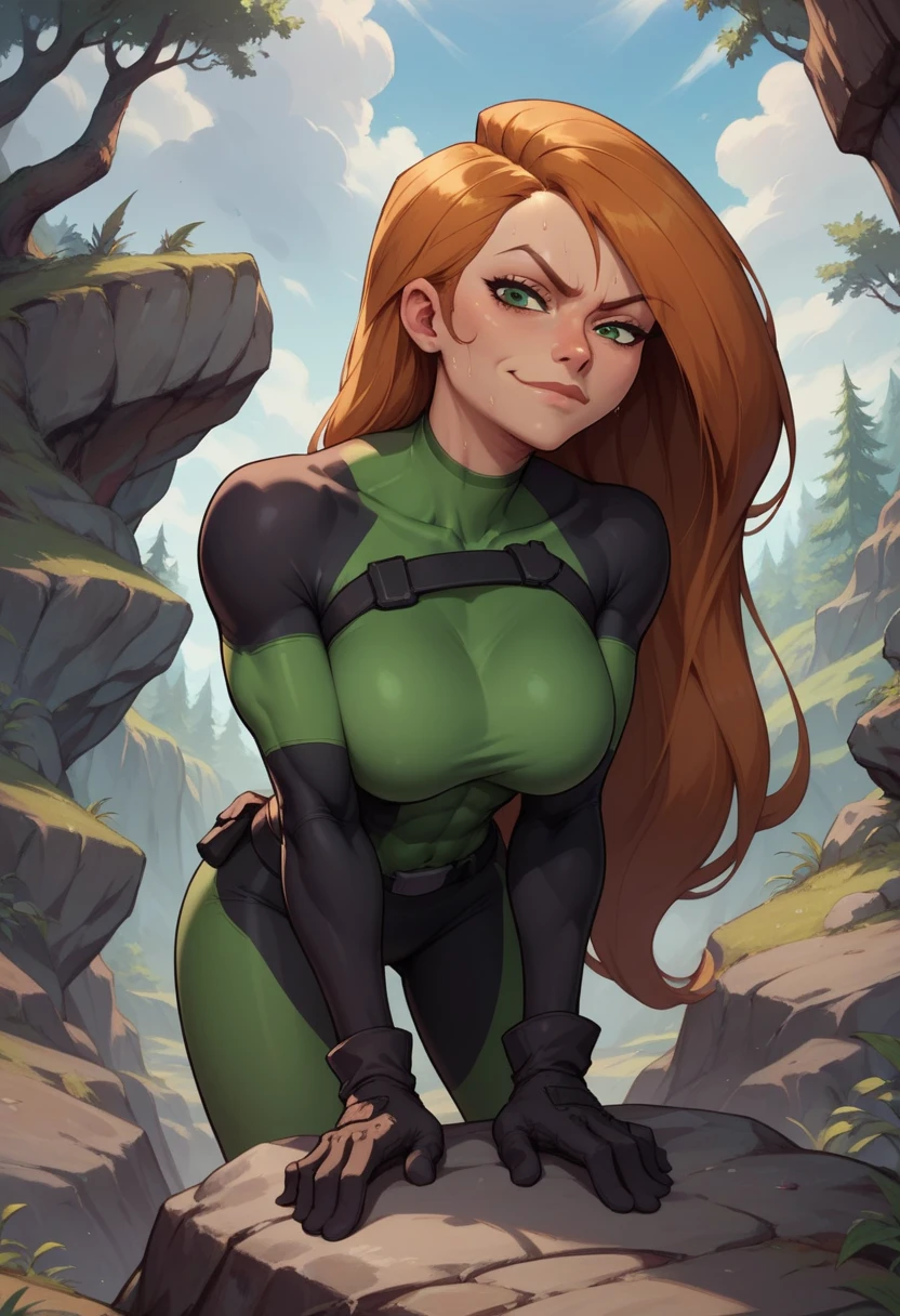 score_9, score_8_up, score_7_up, score_6_up, BREAK kim possible, wearing climbing gear, gloves, long hair,big breasts, evil smirk, sweating, in a rocky forest area, looking at viewer, dark clouds, bending forward, front view, athletic