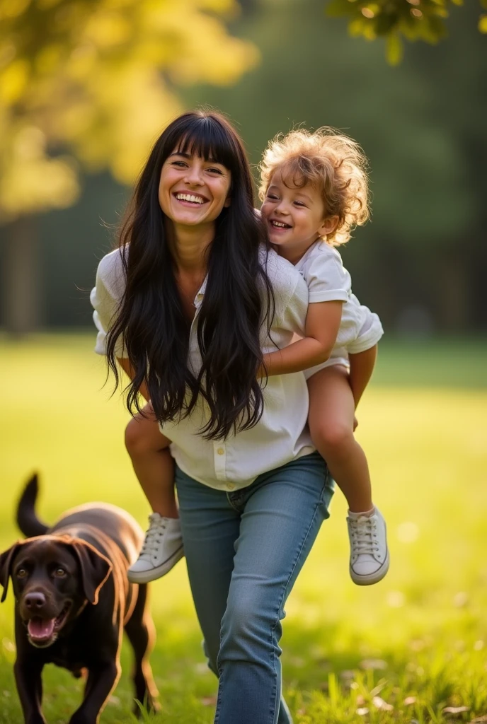 A Brazilian woman from behind with long black hair and bangs, with a 3 year old blond son on his back, son&#39;s slightly voluminous hair, playing with chocolate labrador
