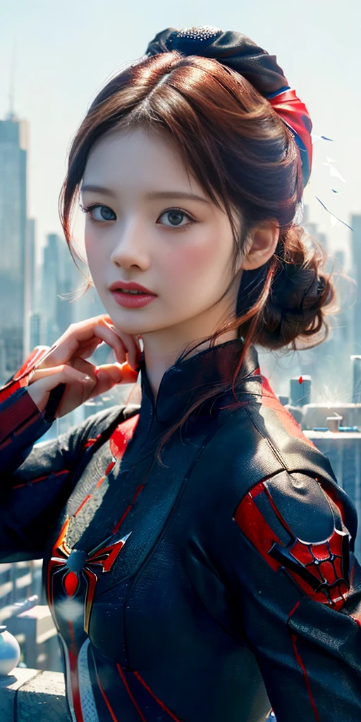 (1girl:1.3), Solo, (((Very detailed face)))), ((Very detailed eyes and face)))), Beautiful detail eyes, Body parts__, Official art, Unified 8k wallpaper, Super detailed, beautiful and beautiful, beautiful, masterpiece, best quality, original, masterpiece, super fine photo, best quality, super high resolution, realistic realism, sunlight, full body portrait, amazing beauty, dynamic pose, delicate face, vibrant eyes, (from the front), She wears Spider-Man suit, red and black color scheme, spider, very detailed city roof background, rooftop, overlooking the city, detailed face, detailed complex busy background, messy, gorgeous, milky white, highly detailed skin, realistic skin details, visible pores, clear focus, volumetric fog, 8k uhd, DSLR, high quality, film grain, fair skin, photo realism, lomography, futuristic dystopian megalopolis, translucent