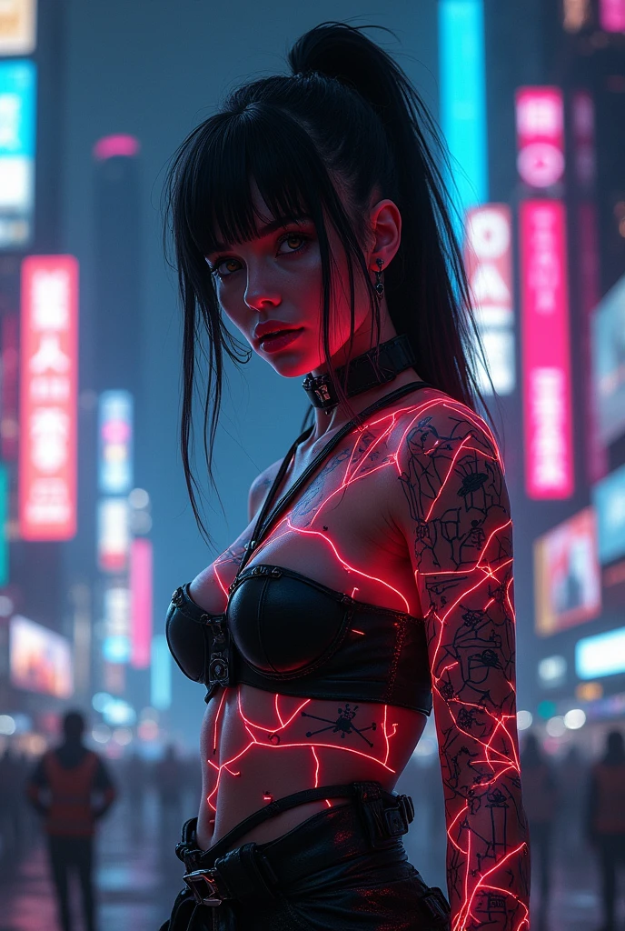 Naked, nudemasterpiece, best quality, cyberpunk girl,  bold colors and patterns, trendy and innovative hairstyle,naked, nude, dazzling Cyberpunk cityscape, skyscrapers, glowing neon signs, LED lights, anime illustration, detailed skin texture, beautiful detailed face, intricate details, ultra detailed, cinematic lighting, strong contrast,no bra, naked tits, nude, naked