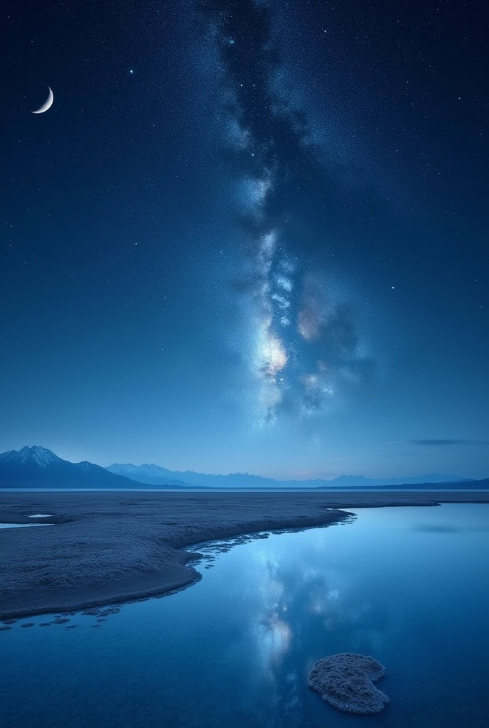 Highest quality、masterpiece、Film Grain、Ultra-high resolution、Galaxy reflected in the Uyuni Salt Flats、(((white Starry Sky:1.5)))、blue crescent moon :0.1、