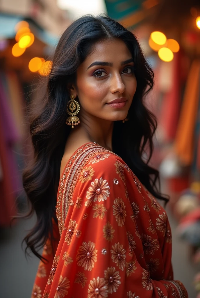 ultra-realistic photographs, Indian Instagram model, mid 20s,9:16, mid-shot, beautiful detailed eyes,de lips, longeyelashes, long black wavy hair, naturally full eyebrows, perfectly formed nose, expressive face,attrad appearance, candid photo, vibrant and colorful frock, he embroidered, golden hour street background, serene atmosphere, stunning architecture, soft and natural lighting, vivid colors, photorealistic, HDR, highres, studio lighting,ultra-detailed, bokeh, fully covered clothes less