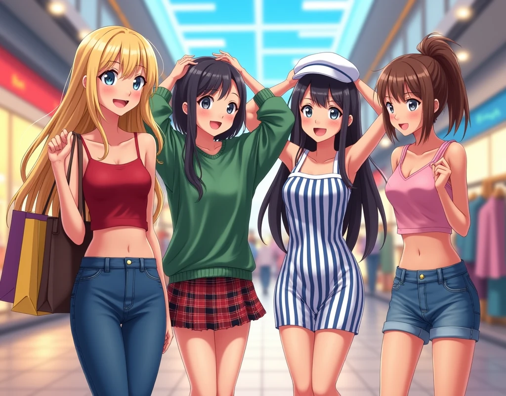 a group of anime girls shopping at a mall, first girl wearing a red tube top and jeans with long blonde hair; the second girl has brown hair and wearing baggy green sweater with plaid miniskirt carrying a bag on her shoulder; the third girl has long black hair and tan skin wearing a tight sleeveless blue and white striped dress, both her hands behind her head and exposing her armpits, and she wears a fake sailor cap; the fourth girl has brown ponytail hair with pink crop tank top that exposes her midriff with noodle straps along with shorts. they're all chatting to each other.