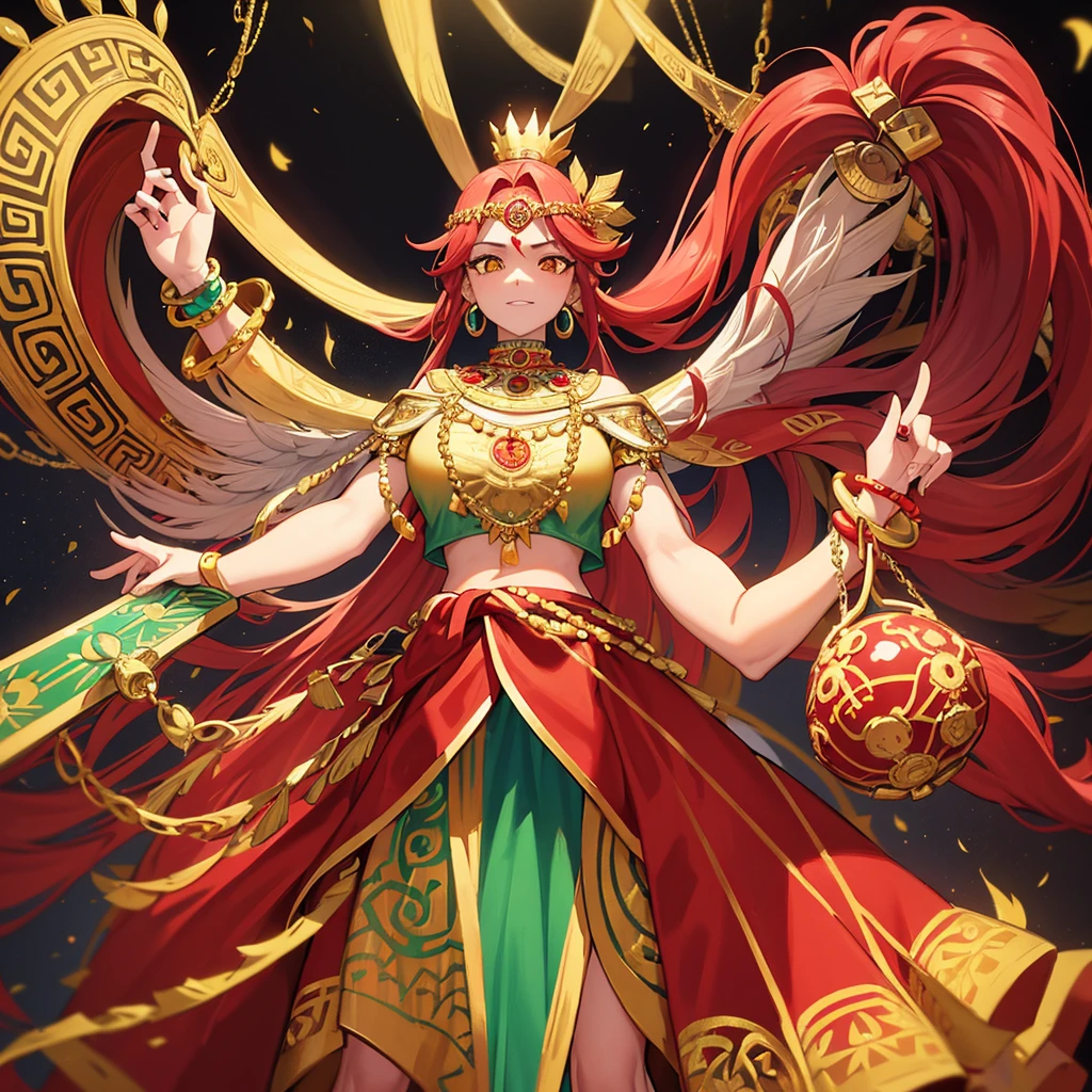 1 , long hair, fluffy hair, red hair, yellow eyes, x-shaped pupils, She wears an outfit inspired by Aztec culture., with lots of golden details and colorful feathers. The outfit is a top and skirt combination, both adorned with traditional prints and jewelry. She also has gold bracelets and anklets., as well as a large, ornate necklace. The predominant colors in their costume are red, the green and the gold, colors often associated with royalty and divinity in Aztec culture. She also wields a macuahuitl, a traditional Aztec weapon, to scratch, belly out, sharped teeth, evil smile, think crown, to scratch,