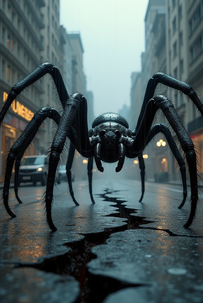 There is a crack in the middle of the city. A spider crawls out of the crack. The spider is huge. The houses are covered in spider webs.