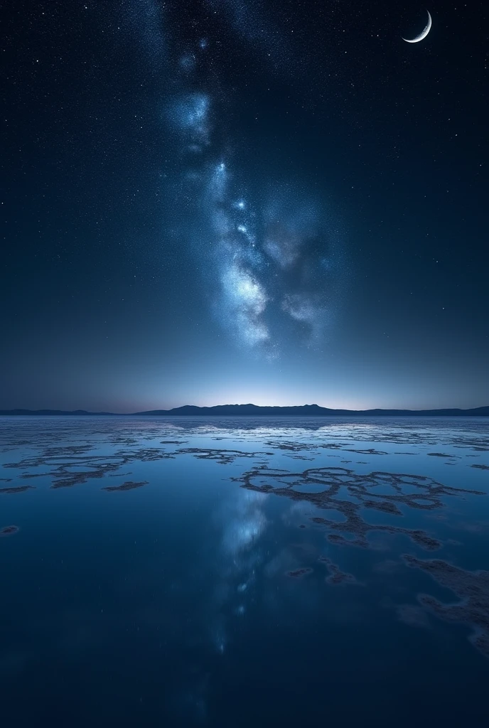 Highest quality、masterpiece、Film Grain、Ultra-high resolution、Galaxy reflected in the Uyuni Salt Flats、(((black Starry Sky:1.5)))、blue crescent moon :0.1、