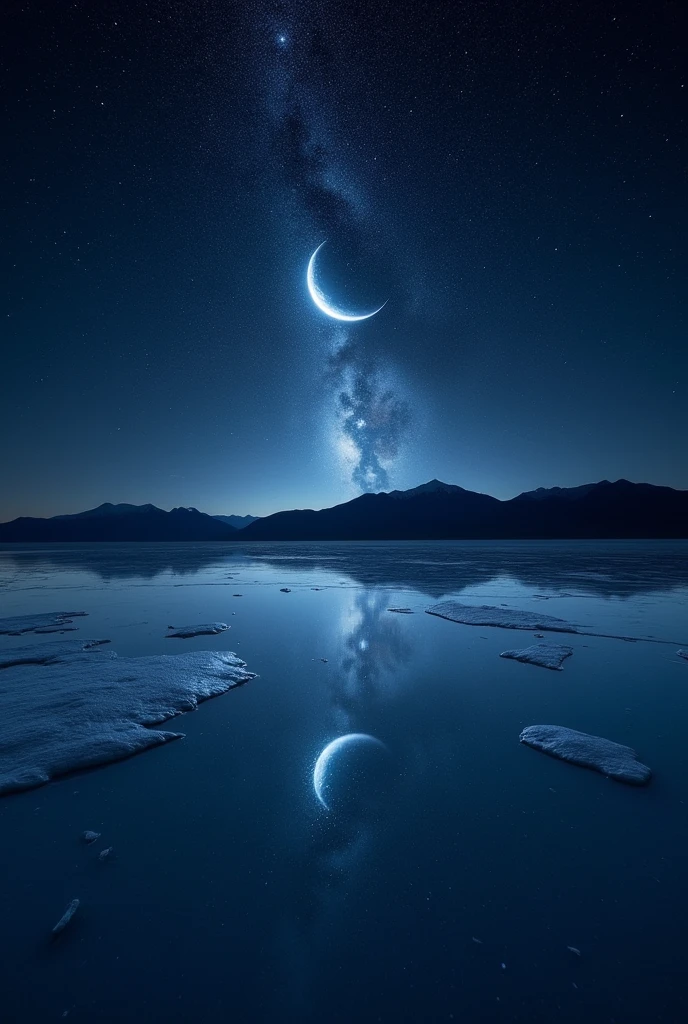 Highest quality、masterpiece、Film Grain、Ultra-high resolution、Galaxy reflected in the Uyuni Salt Flats、(((black Starry Sky:1.5)))、blue crescent moon :0.1、