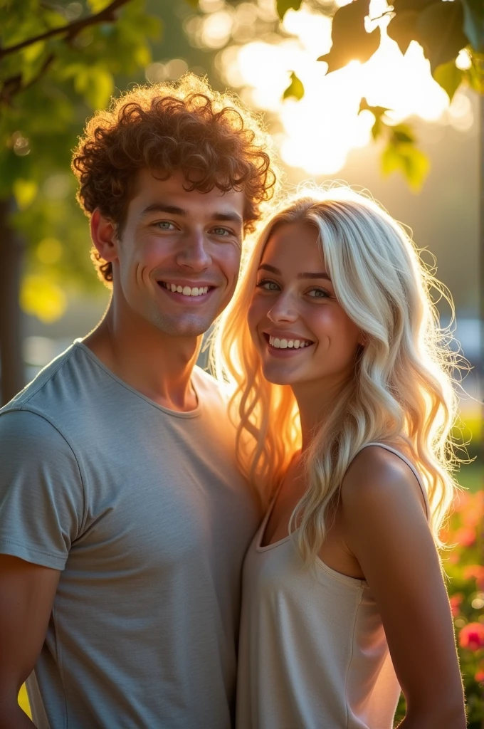 Young tall muscular man short curly dark auburn hair and blue green eyes with tall girl his age long wavy platinum blonde hair blue eyes and dimple