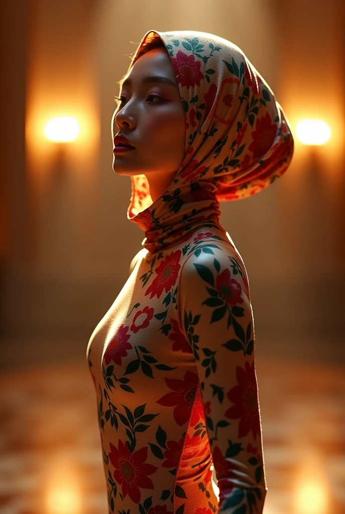 A beautiful and thin chinese student girl wears floral print lycra turtleneck unitard catsuit and always wear floral print lycra hijab-like hood.She is at hotel concert.