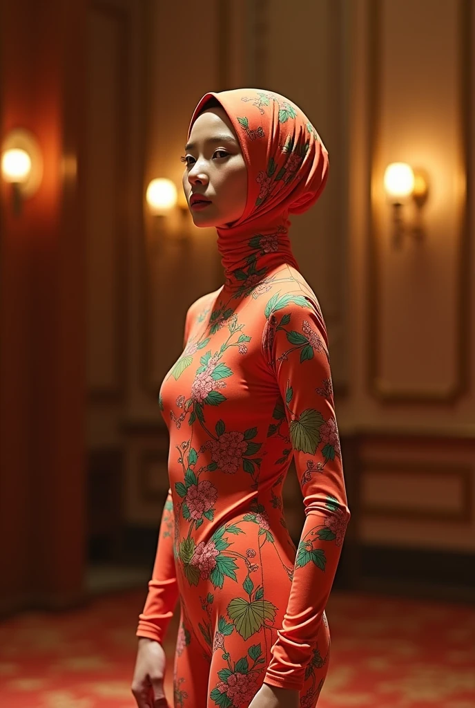 A beautiful and thin chinese student girl wears floral print lycra turtleneck unitard catsuit and always wear floral print lycra hijab-like hood.She is at hotel concert.