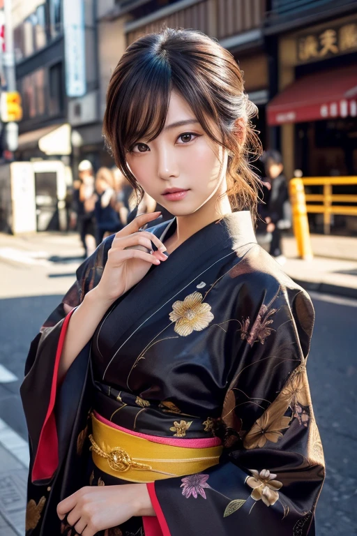 Beautiful Japanese supermodel woman, A lock of hair with slight highlights, black eyes, Sexy，street background，Gorgeous kimono , Liquid color flows across her face, Shooting against the light，Perfect facial lighting，mixed media,Face to the right