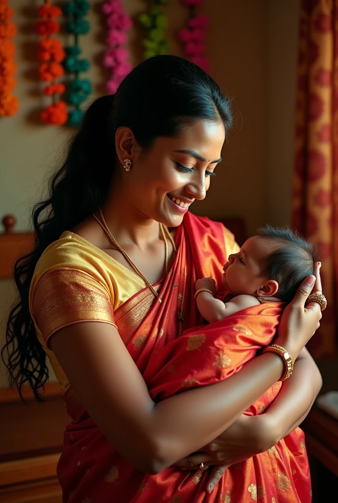 South Indian dark skin women having baby and face for photo