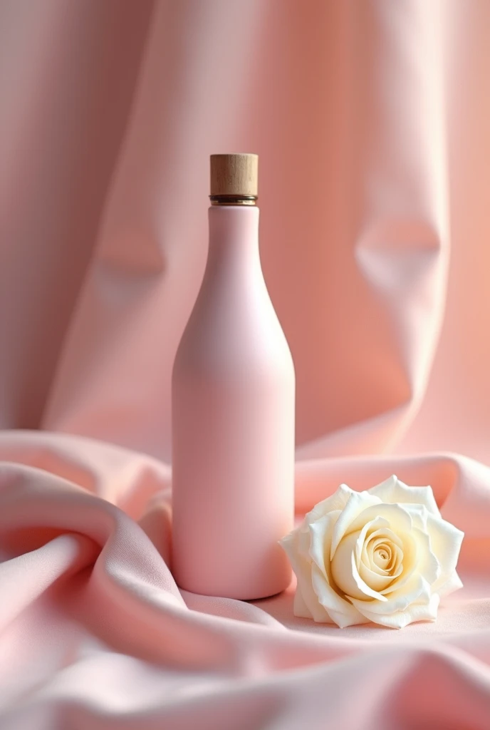 There is a pink opaque bottle,Not a big spot in the picture,Open space,There is a white rose next to the bottle,On pink cloth, Melancholy Rose Soft Light, Professional product photography, Official product images, With soft pink,