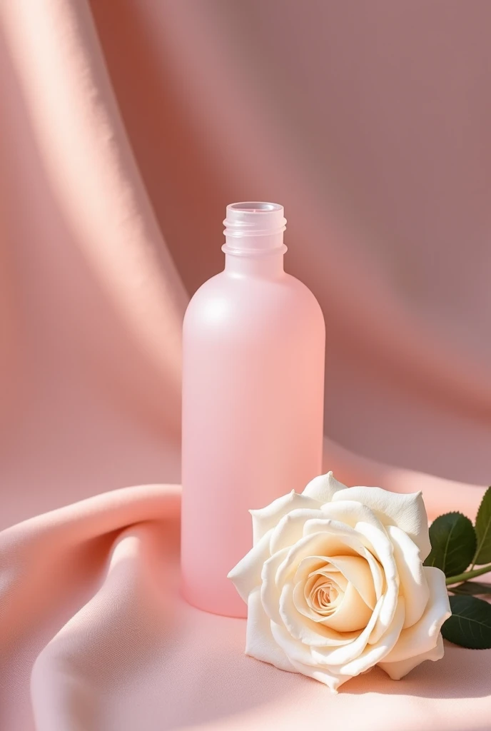 There is a pink opaque bottle,Not a big spot in the picture,Open space,There is a white rose next to the bottle,On pink cloth, Melancholy Rose Soft Light, Professional product photography, Official product images, With soft pink,