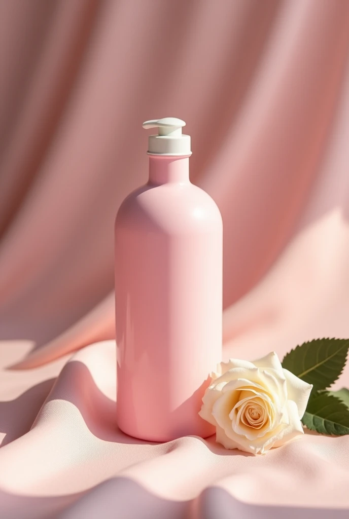 There is a pink opaque bottle,Not a big spot in the picture,Open space,There is a white rose next to the bottle,On pink cloth, Melancholy Rose Soft Light, Professional product photography, Official product images, With soft pink,