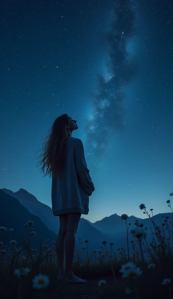 A woman looking up at the starry sky on a hill