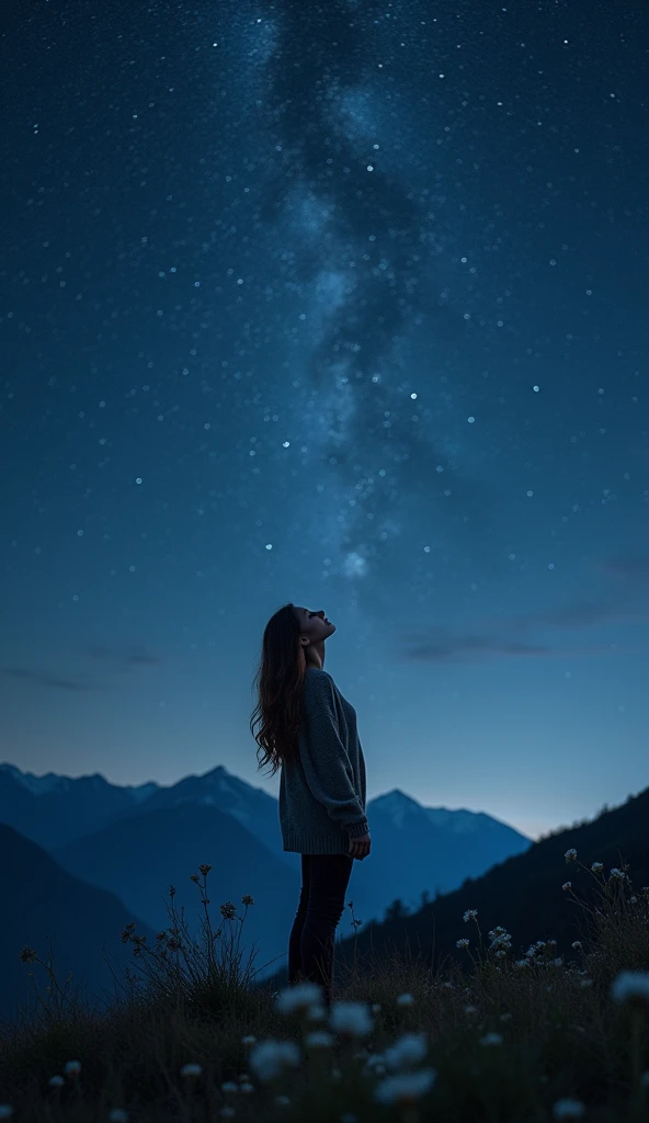 A woman looking up at the starry sky on a hill