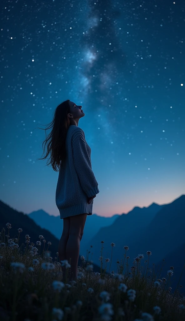 A woman looking up at the starry sky on a hill