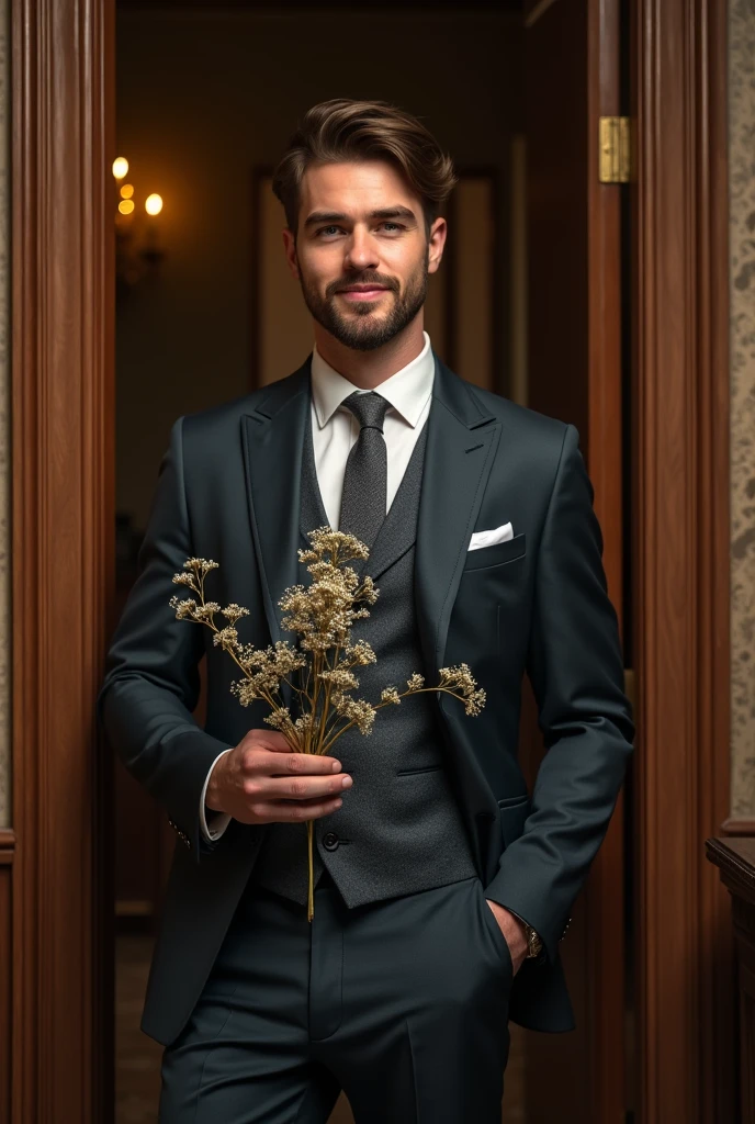(fotorrealism:1.2)an English gentleman,a handsome lawyer,(wearing suit), toned abdomen and full chest,showing off her panty waistband while standing at the door, with a burflower tree in hand,