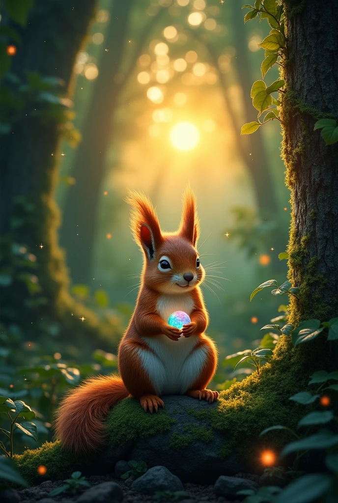 Squirrel making wish from magical stone in his hands in jungle and its evening time. His eyes are closed