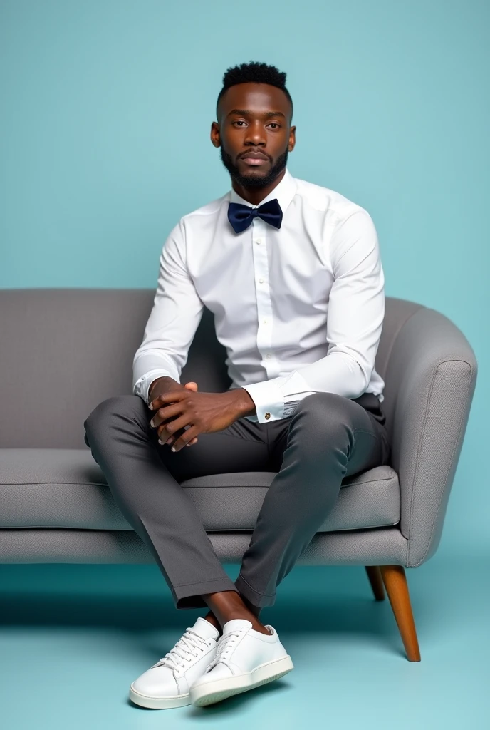 best qualityer:1.4), (ultra high resolution:1.2), (photorrealistic:1.4), (8k, CRU photo:1.2), a thin young man of 20 years old, skin black, with a smooth, beardless face, Short, well-trimmed hair, with lower sides and a slightly fuller top. . He is wearing a white button-down shirt. He is wearing a navy blue bow tie. He is wearing gray dress pants and white sneakers.. He is sitting on the gray sofa. It's in a photography studio with a baby blue background.. .