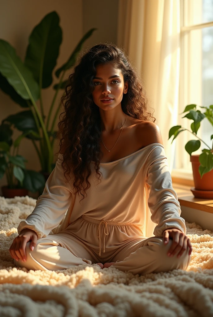 (photorealism:1.2), maa Durga, sitting on bed, wearing loose off-shoulder top, pajama pants, long curly hair, indoors, soft lighting, plants in background, window with sunlight, cozy room, relaxed pose, realistic, intricate details, warm colors, by Greg Rutkowski, by Alphonse Mucha
