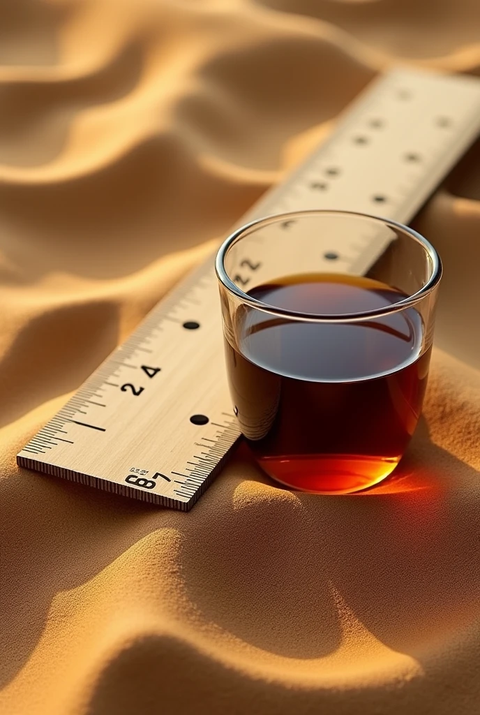 Abstract composition of Le Corbusier&#39;s modulor with a ruler, sand and a glass of carob