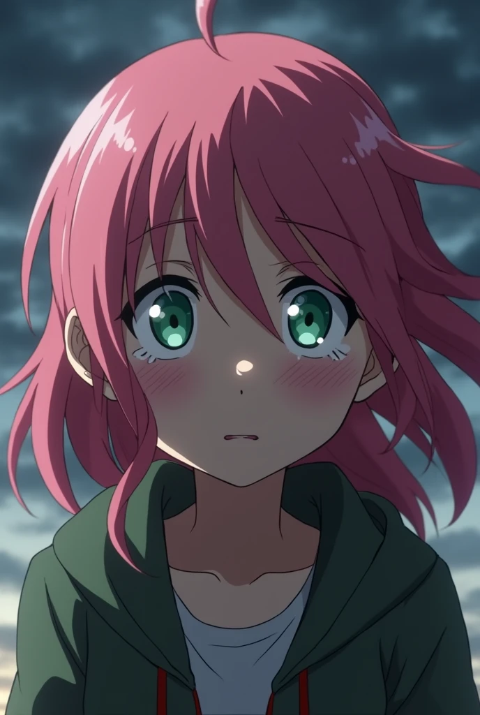 Sakura haruno with a devastated expression, shocked jade eyes , slump shoulders and her pink hair swaying in the wind
A close up shot to her face
(From Naruto)