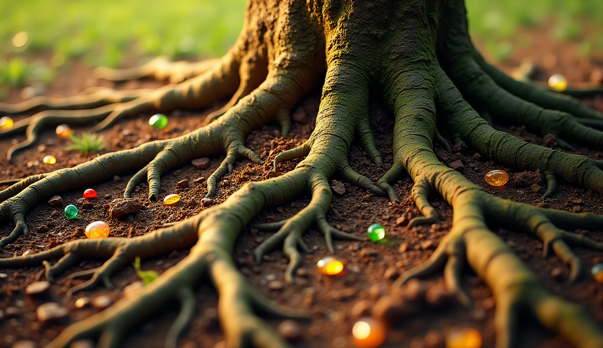 Create a close-up of the roots of this sturdy tree, highlighting how they spread and cling to different types of soil: gem stones, gold, and fertile land. Each root must be strong and thick, symbolizing different investments that support Solomon&#39;s wealth. The scene should emphasize the solidity and security that comes from diversification, showing that, even if a type of soil is shaken, the other roots keep the tree firm and secure.