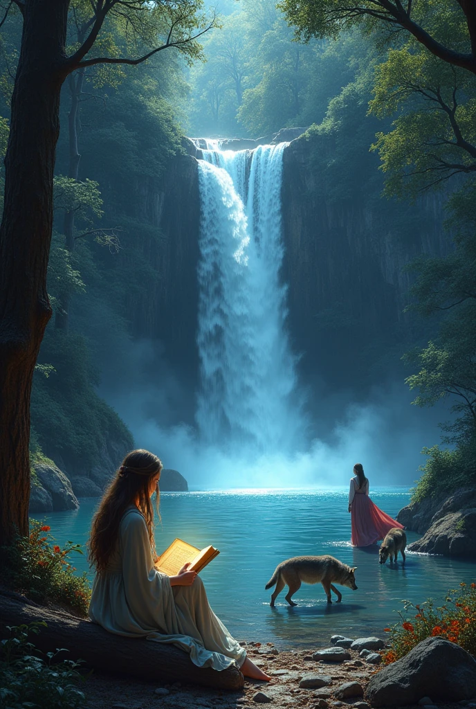 forest at night, a luminous waterfall, a woman sitting on the edge reading a big book, Medieval couple dancing, running wolves, there is a large sword lying on the ground