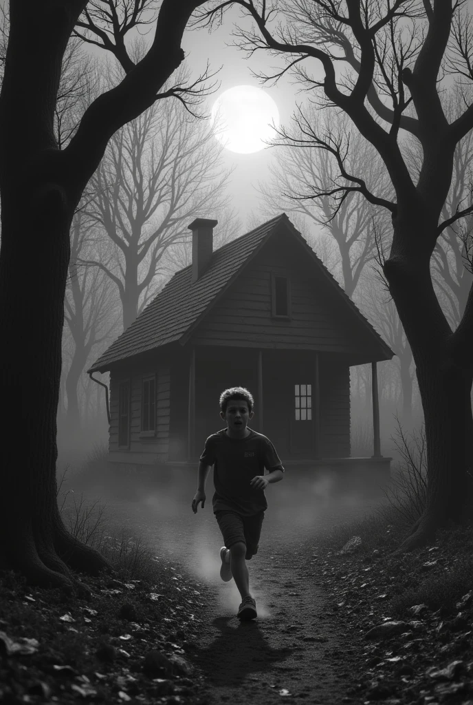 A age boy running towards a wooden cabin at night in the woods black and white image horror scene 