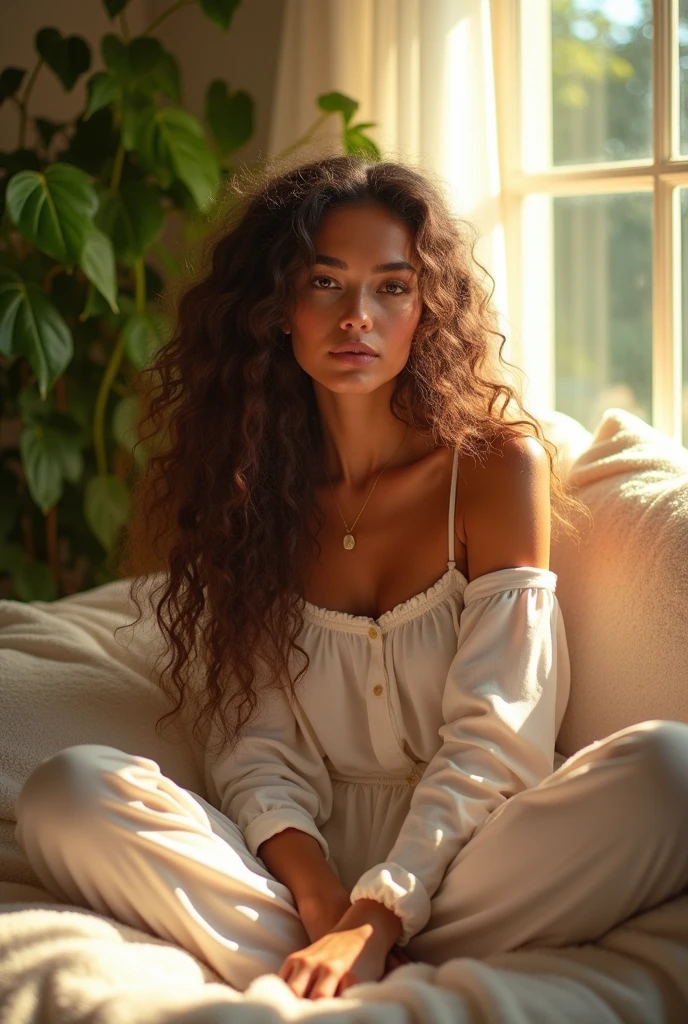 (photorealism:1.2), beautiful woman, sitting on bed, wearing loose off-shoulder top, pajama pants, long curly hair, indoors, soft lighting, plants in background, window with sunlight, cozy room, relaxed pose, realistic, intricate details, warm colors, by Greg Rutkowski, by Alphonse Mucha