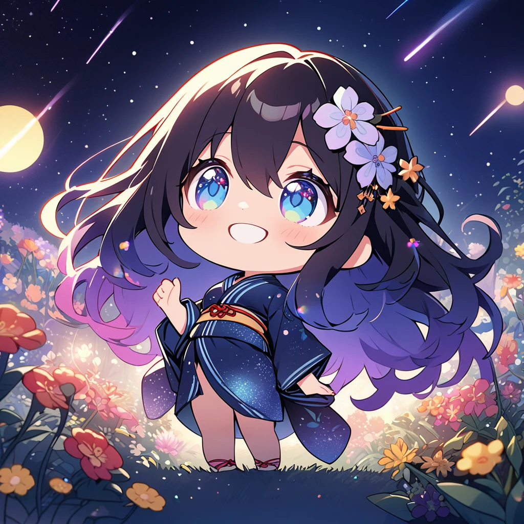 Masterpiece, top quality, 4k, ((2D illustration)), one beautiful girl, solo, ((vivid colors)), (((chibi style))), ((long beautiful hair)), glossy light pik hair, gradient hair color, cute, beautiful detailed eyes, hair between eyes, ((hair ornament)), ((Japanese yukata)), cool colors, ((full body shot)), ((joyful smile)), ((looking up at the night sky)), ((shooting stars)), ((garden)), ((night)), (((lens flare))), white light, ((starry sky)), sparkle