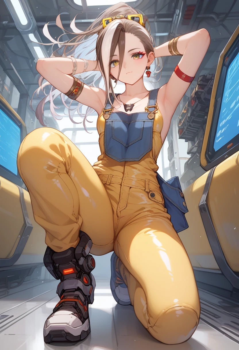 Azaz, white hair, brown eyes, brown hair, long hair, ponytail, streaked hair, multicolored hair, hair between eyes, 



breasts, wide hips, looking at viewer, pierp, armlet, yellow latex overalls, yellow latex jumpsuit, sci-fi overalls, high tech overalls, overalls with metal details, high tech gloves, full body overalls,

cyberpunk engineer, factory interior, machinery, ceramic,