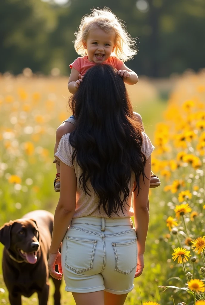 A Brazilian woman from behind with long black hair and bangs, with a 3  blond son on his back, son&#39;s slightly voluminous hair, with a chocolate labrador in a field
