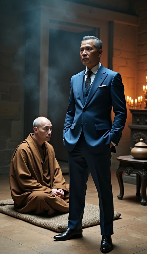 Inside the temple, the wealthy man stands tall and proud, with a confident expression. The monk, sitting cross-legged on a simple mat, listens quietly. The room is sparsely decorated, with a few traditional items like a small altar and a teapot on a low table. The contrast between the man’s elaborate attire and the monk’s simple surroundings is evident.
The monk is bold, and clean shaved.
The wealthy man have black hairs, and clean shaved and he is wearing blue three peace suit.