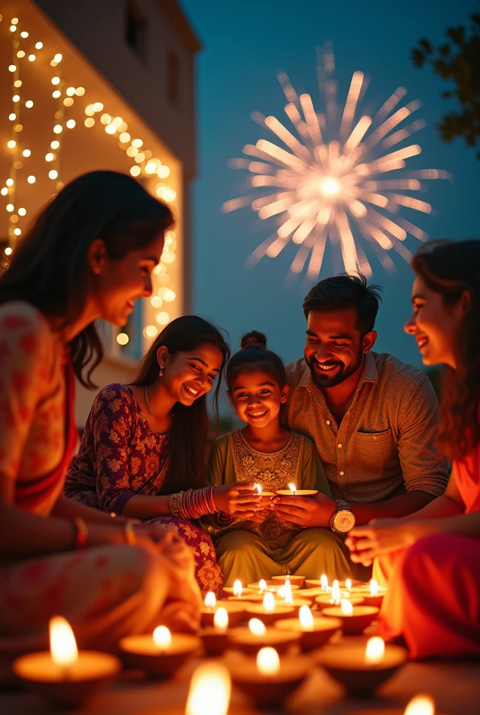 Family celebrating diwali with family, where houses have lights and diyas and they are wearing traditional clothes and lightning sursuri