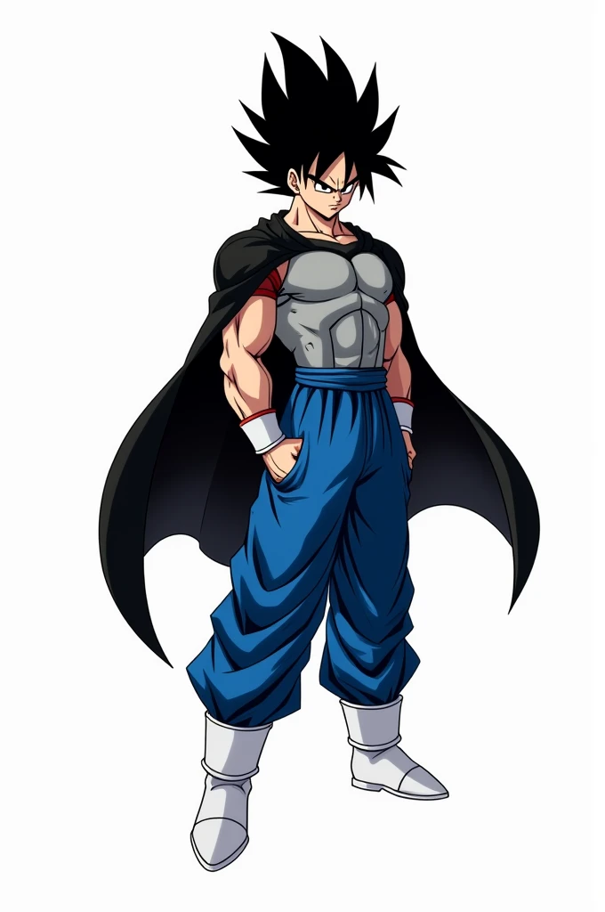 Create a Dragon Ball style anime character with black hair, black capes, gray shirt, blue pants, white shoes and white background