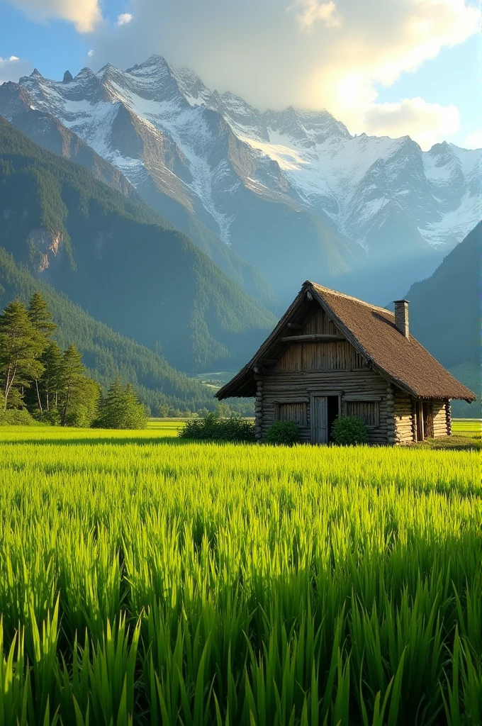 Hut, rice field, mountain