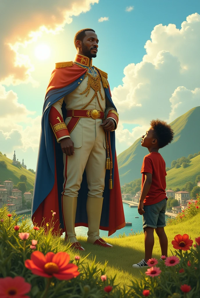 Créer une image d un  afro haitien en admiration devant son heros le général Jean Jacques Dessalines. Cadre idyllique, lumineux, captivant, fait rever tous les petits garçons
