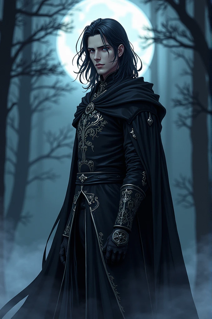 Man in black medieval clothes with dark hair and gray eyes in anime