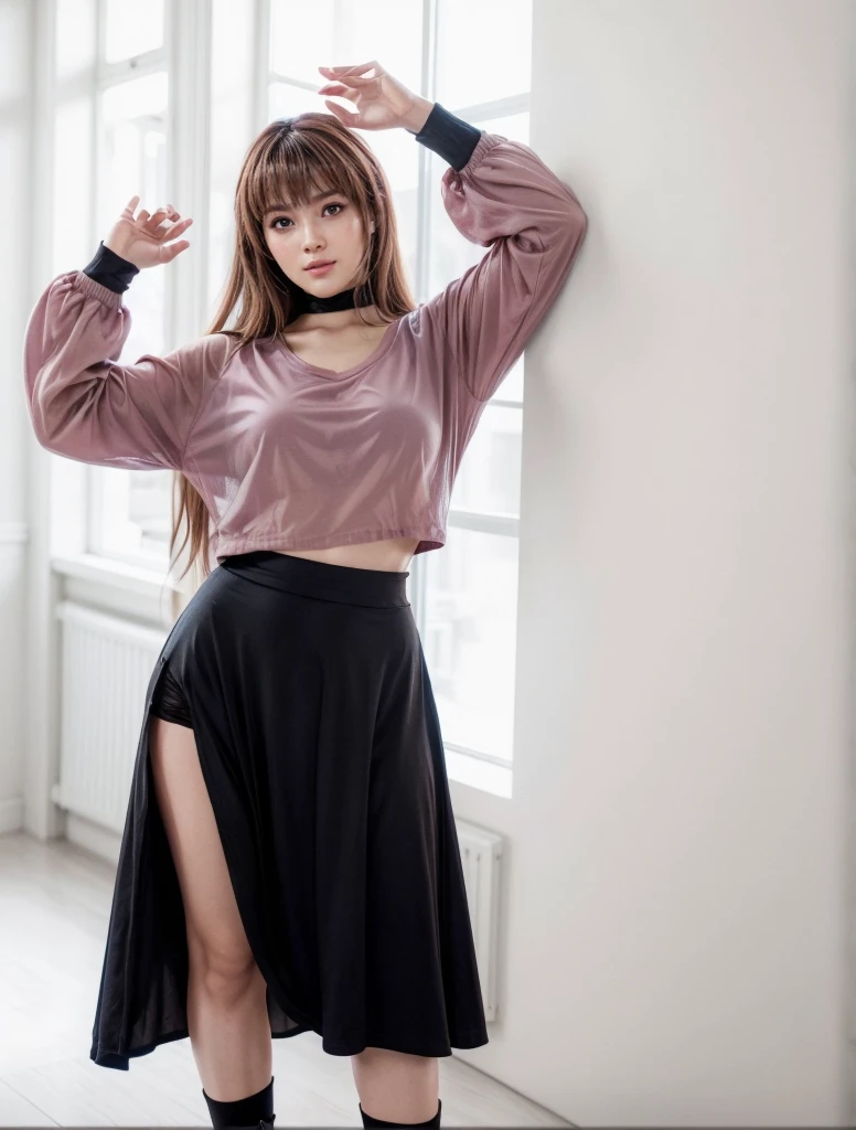 Kasumi, brown eyes, (best quality, ultra detail), (realistic:1.37), beautiful and detailed face, ultra-realistic texture, Delicate face, delicate body, red lipstick, bright colors. high definition, 8K, expression with a slight cute smile and sexy