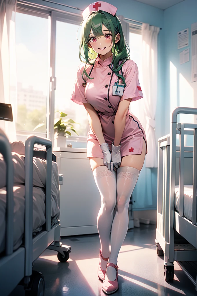 1woman, solo, nurse, white nurse cap, white nurse uniform, ((white legwear, zettai ryouiki)), white gloves, forehead, long hair, green hair, pink eyes, pink lips, smile, standing, ((hospital room)), sharp outline, short sleeves, mature female, 35 years old, best quality, masterpiece