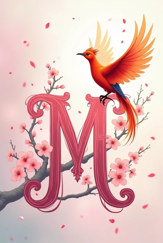 Pink calligraphy capital letter M with elegant details with cherry blossoms and phoenix bird on it with open wings and raised tail looking happy 


