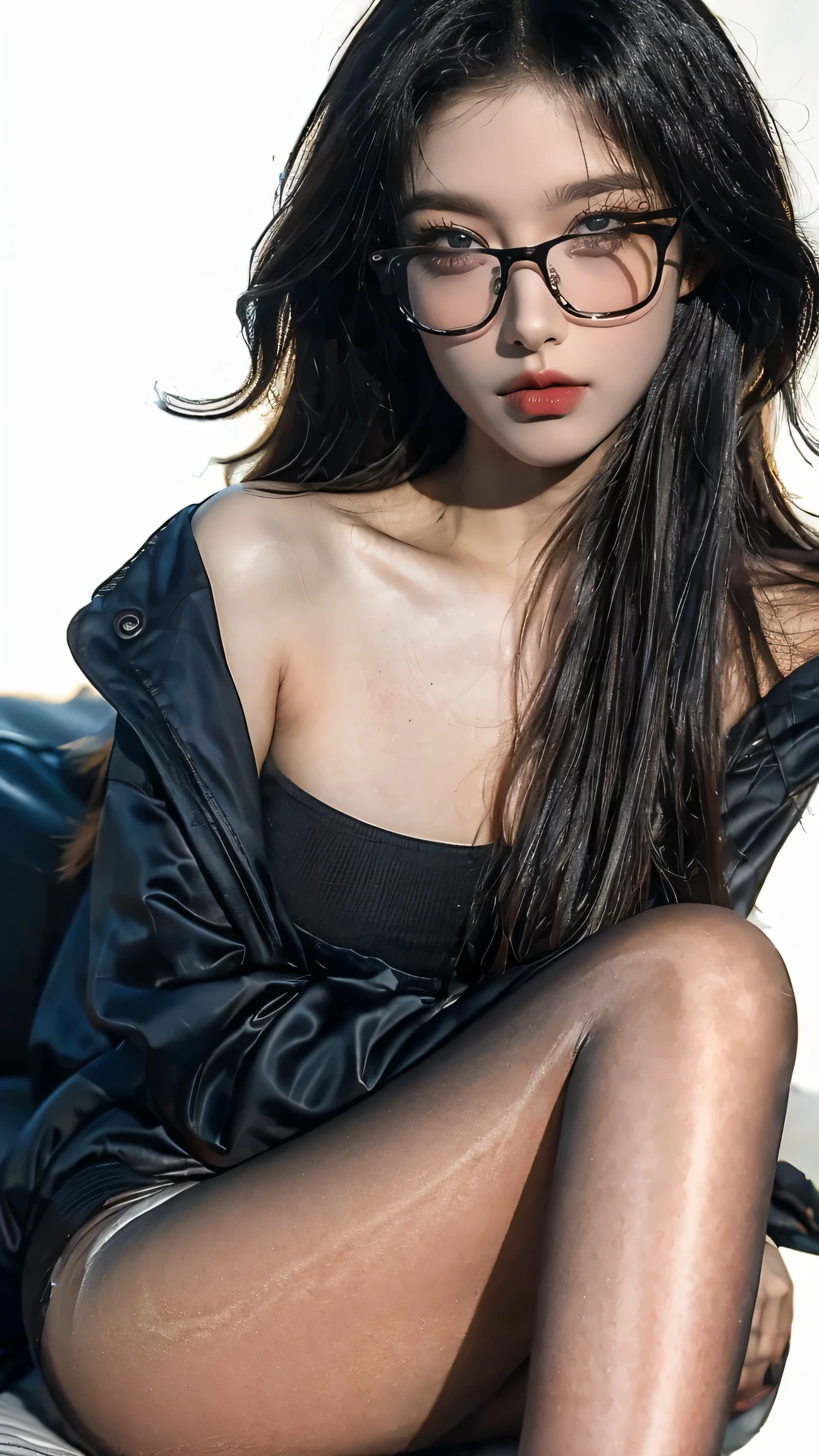 woman, Fair, Stunning face and eyes, cosmetic, Ruddy and shiny lips, (Extremely detailed Fair face), (The sexiest look), (Sweatshirt), (best quality), (Very detailed), (Very detailed CG 통합 8k 벽지),original photo, Professional photography, (Everlasting), (Pure white background),(Black Hair),(big eyes),(Soft light source),(A little cleavage),(shorts),(black),Gold glasses,black,Slender long legs,No shoes,Pantyhose,Tube socks,