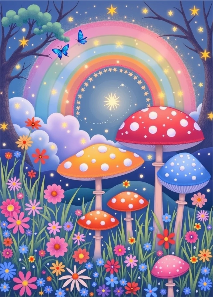 mushroom connected rainbow,flowers meadow,fairy forest background,vintage style
