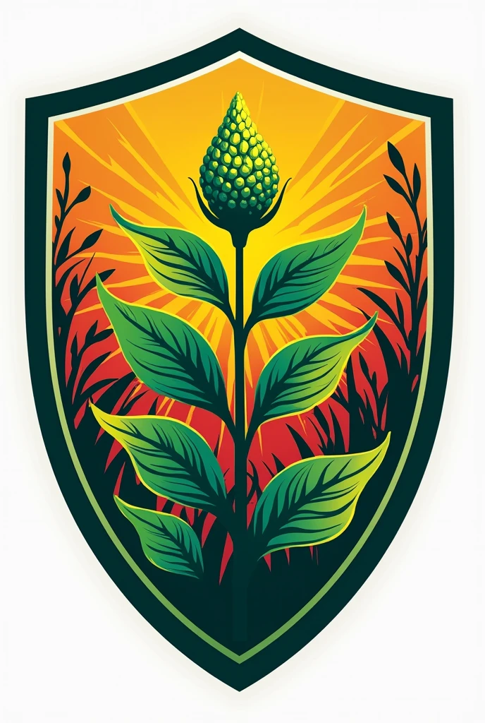 Create a football shield for a team called NPK, with a soybean plant as a symbol and the table of elements in the background